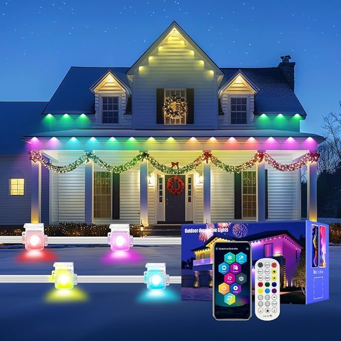 Permanent Outdoor Lights, 200FT RGB LED Smart Eaves Lights with 120 LEDs, IP67 Waterproof, Remote/APP Control, DIY Scene Modes, Music Sync Lighting for Party, House, All Holiday Decorations