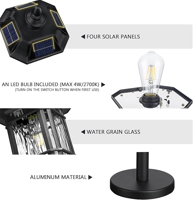 Emliviar Outdoor Solar Floor Lamp with Remote Control, Waterproof Solar Powered Path Lighting in Black Finish, LED Portable Street Light with Water Grain Glass, 2084PL-ML SL BK