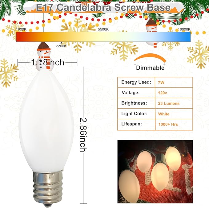 25 Pack Christmas Light Bulbs, C7 Ceramic White Replacement Bulbs, C7 Outdoor String Lights Replacement Bulbs, C7/E12 Candelabra Base, 5 Watt