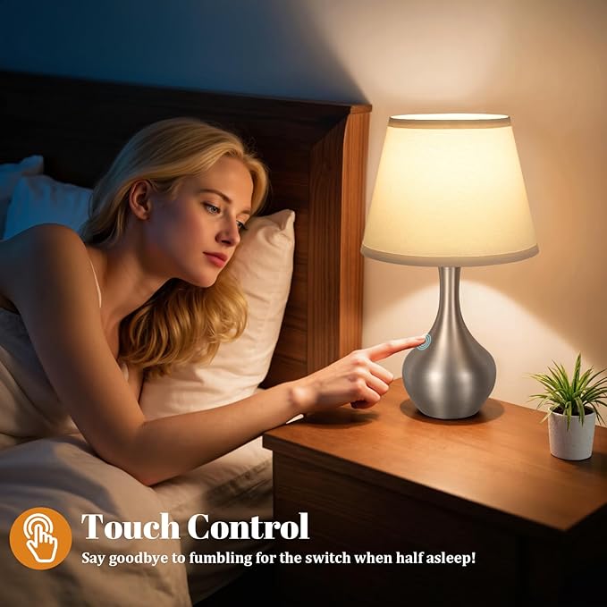 Seealle Touch Table Lamp for Bedroom, 3-Way Dimmable Small Bedside Lamps for Night Stands with Wires, Silver Desk Lamp for Kids Room, Office, Living Room, End Table(LED Bulb Included)