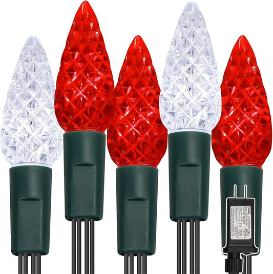 WATERGLIDE C6 Christmas Lights, 100 LED 33ft Faceted Fairy Lights Green Wire String Lights with Safe Adaptor, 8 Lighting Mode, Waterproof for Indoor Outdoor Patio Xmas Tree Party Decor, White & Red