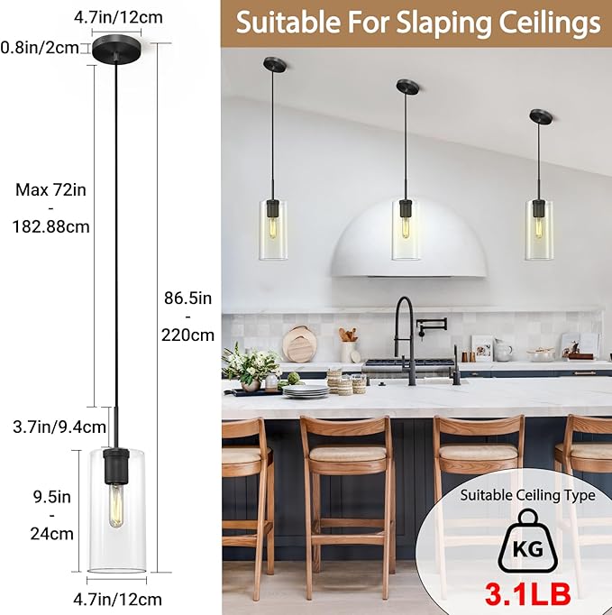 Modern Black Pendant Lights Kitchen Island Glass Pendant Light, 9.5'' Farmhouse Clear Glass Cylinder Pendant Light,Copper Kitchen Pendant Lighting Over Island Sink, E26 Bulb Included