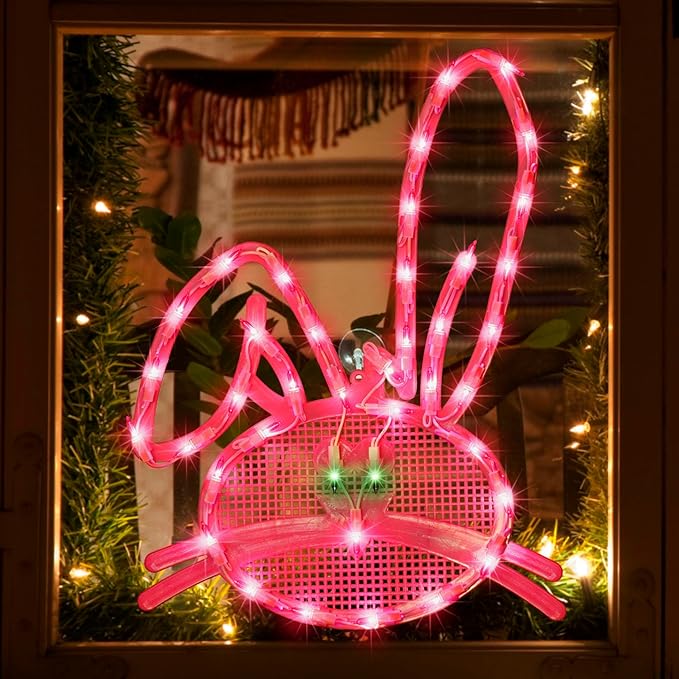 LAMPHOME 17" Lighted Pink Bunny Head Easter Window Silhouette Decoration