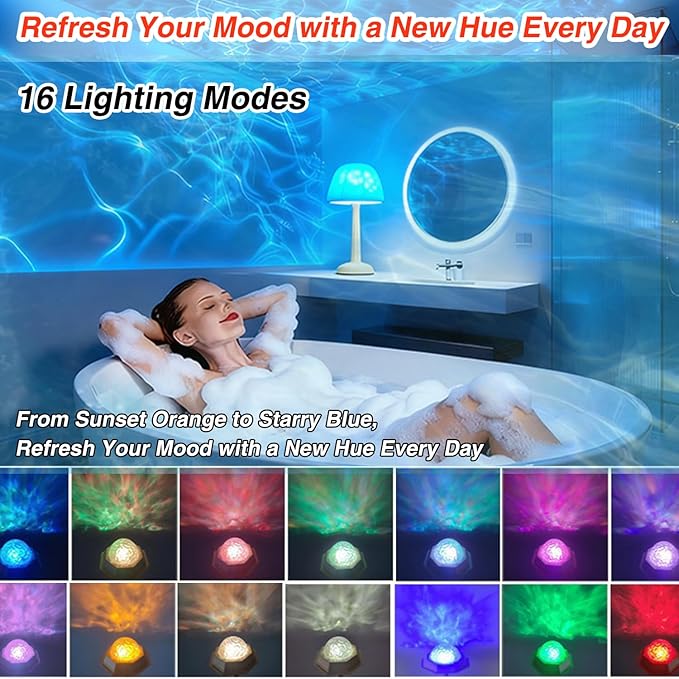 Shower Lamp Ocean Wave Projector Light - 2400mAh Battery Powered Water Ripple Projector Light Rechargeable Water Effect Shower Lights Waterproof for Bathroom Bedroom