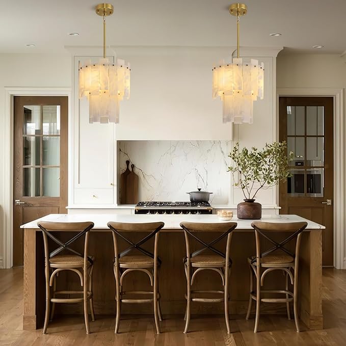 Alabaster Chandelier D13in Spanish Natural Marble Round Chandeliers, 2 Tiers Brass Alabaster Pendant Light,Modern Gold Small Chandeliers for Dining Room,Foyer,Kitchen Island,Bathroom,Bedroom