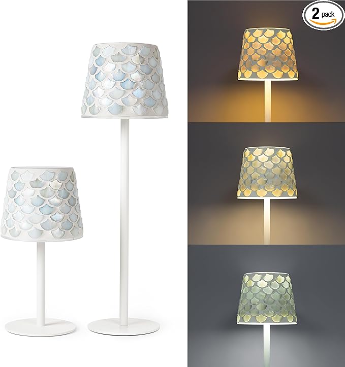 AELS Mosaic Rechargeable Lamps Cordless White Lamps Set of 2, 5200mAh Handmade Portable LED Touch Table Lamps, 3 Color Stepless Dimming Battery Powered Lamp, Wireless Lamp for Wedding Bedroom