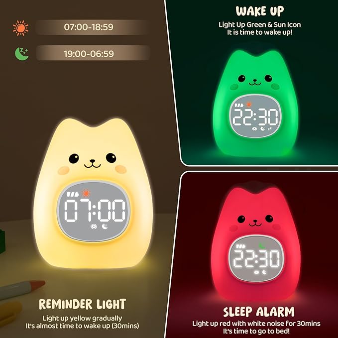 Cat Alarm Clock with Night Light for Kids with Sleep Training and Sound Machine, Rechargeable Silicone Lamp OK to Wake Clock，Cute Animal Tabletop Lamp, Perfect Sleep Companion for Boys Girls