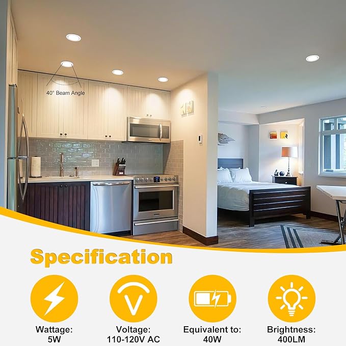 YGS-Tech 3 Inch Gimbal LED Recessed Lighting, 60° Tilt-Only Adjustable Downlight, 5W Dimmable 5500K Daylight White Recessed Light, 120V Ceiling Light with LED Driver (4 Pack)