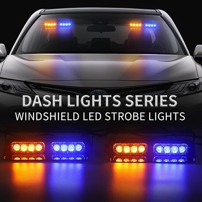 XRIDONSEN 2 in 1 Dash Emergency Strobe Lights Front/Rear Amber Blue Windshield Lights Warning Safety Flashing w/Suction Cups for Volunteer Vehicles, Trucks（Amber/Blue