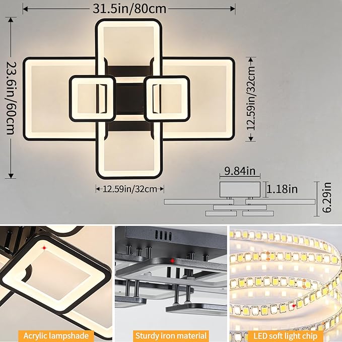 Modern LED Ceiling Light Fixture Black Kitchen Lighting Fixtures Ceiling for Bedroom 31.5" Dimmable 6 Ring Square Ceiling Light for Kitchen with Remote Control for Living Room,Dining Room