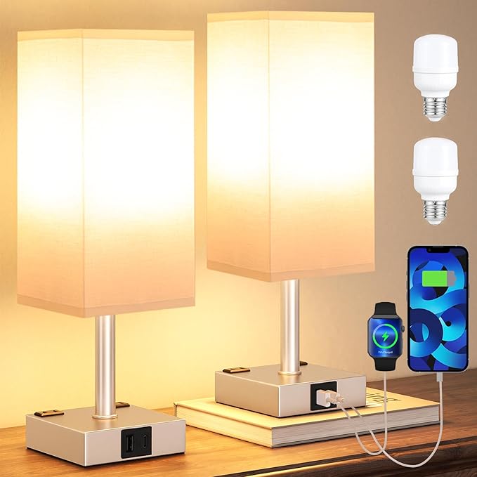 aooshine Light Gold Touch Lamps Set of 2 - Nightstand Lamp with USB-C + A Charge Ports & AC Outlets, 3-Way Dimmable Bedside Lamp, Small Table Lamp Light for Bedroom (Bulb Included)