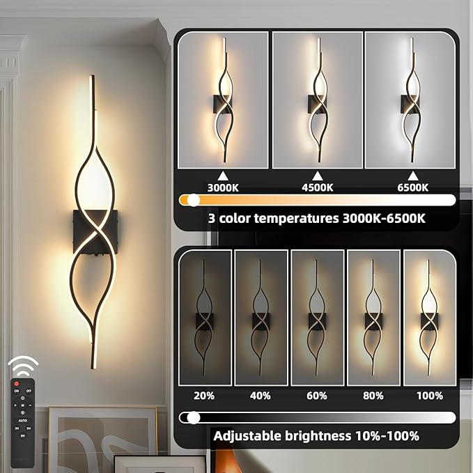Battery Operated Wall Sconces Set of 2, Black 31.4'' LED Dimmable Wall Sconce with Remote Control, Adjustable Color Temperature Brightness for Living Room Bedroom and Hallway USB Rechargeable Lighting