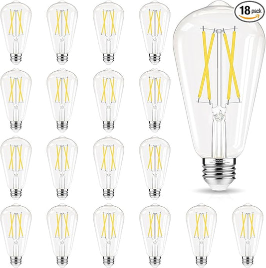 Edison Bulbs 60 watt Equivalent LED, E26 Bulb Dimmable, Cool White 4000K, ST58 Vintage Light Bulbs, 90+ CRI, 6W 600LM, E26 Medium Base, Clear Glass, 18 Pack