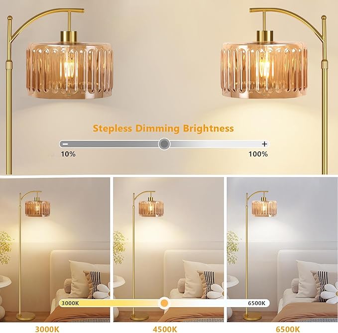 Floor Lamp for Living Room,Bedroom,Gold Dimmable Standing Lamp with Remote,Mid Century Modern Brass Tall Lamp Retro Vintage Glass Lamp Floor Light Boho Bohemian