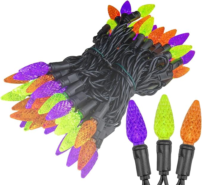 ‎‎‎Novelty Lights 24FT 70 LED C6 LED Halloween String Lights, Outdoor Christmas Tree Commercial Grade LED String Lights, Christmas Lights Outdoor Tree Decorations Outdoor (Purple/Orange/Lime)