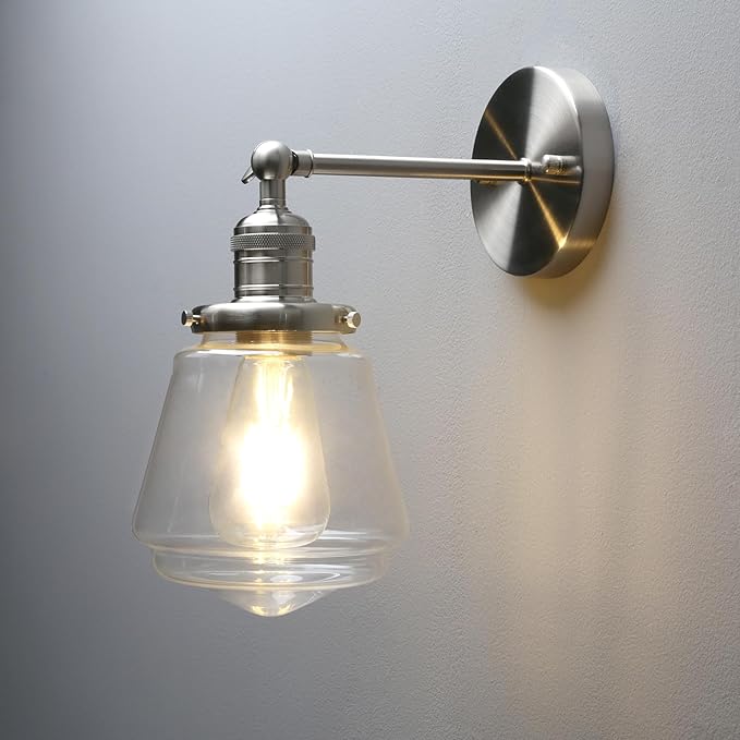 Phansthy Wall Sconces Light Fixture Industrial Wall Lamp, 180 Degree Adjustable Bathroom Vanity Light, Wall Light with Glass Shade Wall Decorative Lighting for Kitchen Living Room Hallway (Brushed)