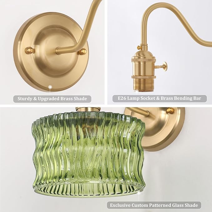 Battery Operated Wall Sconce, Vintage Rechargeable Wall Lights with Green Ripple Glass Shade, Wireless Indoor Wall Lamp with Remote for Bedroom Living Room Bathroom Hallway