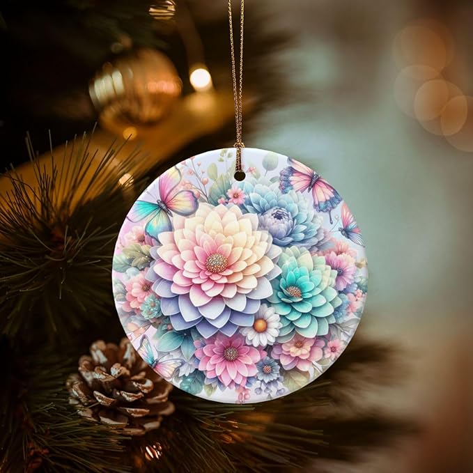 Rainbow Flower Christmas Ornaments, Christmas Decorations Xmas Tree Hanging Ornaments, Round Ceramic Festive Keepsake Gift for Xmas Decorations Holiday Home Decor