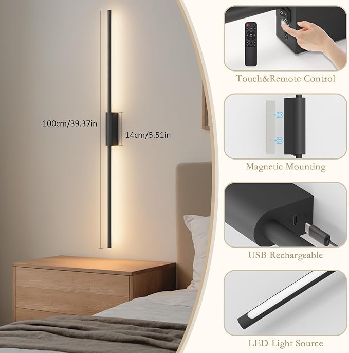 39.4In Battery Operated Wall Sconces Set of Two,12000mAh Wireless Rechargeable Sconces 3 Colors Dimmable with Remote for Living Room Bedroom