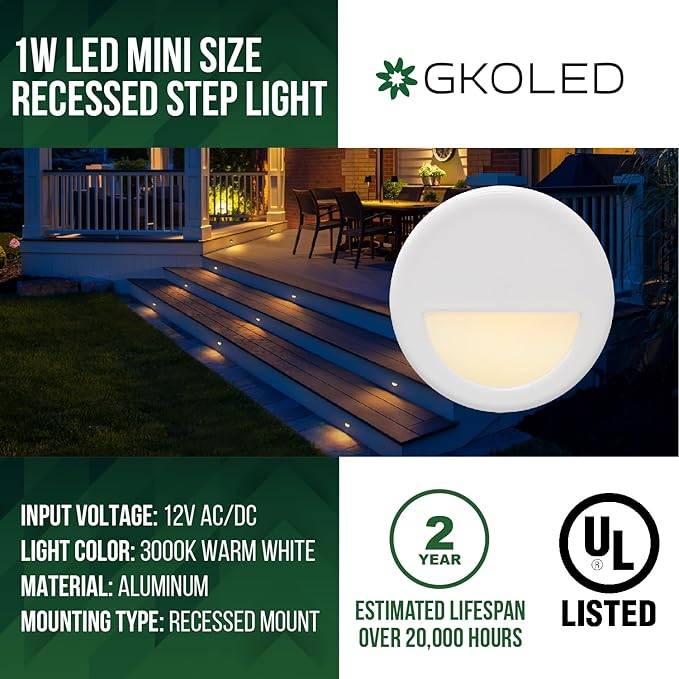 GKOLED 12 Pack Recessed Low Voltage Mini Size LED Step Riser Light, Φ1 Halfmoon Landscape Lighting for Outdoor Deck Stair Railing Post, 12V 3000K Die-cast Aluminum, White