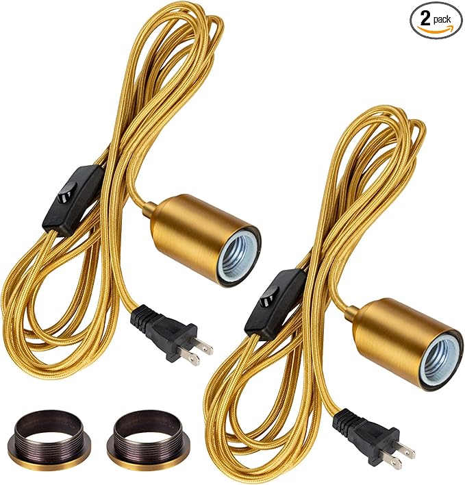 Hanging Lights with Plug in Pendant Light Cord kit Fixture Bulb Socket Golden Extension Lantern Fabric lamp Cord Switch Replacement Shade Industrial Porcelain Bulb Holder DIY Lighting 15ft 2 Set