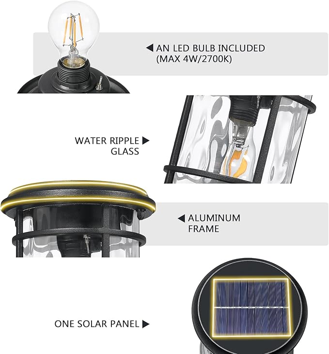 Emliviar Portable Solar Post Light Fixture with Fixed Pire Mount Base, Black 11“ Outside Solar Table Lamp with Remote Control, LED Post Lantern Head with Water Ripple Glass, XE229P-S-ML SL BK