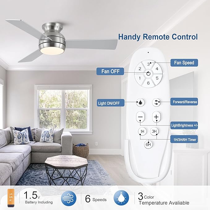 42 Inch Ceiling Fans with Lights and Remote, Brushed Nickel Low Profile Ceiling Fan with Light, Flush Mount, Reversible, 6 Speeds, 3CCT Dimmable, Bedroom Indoor/Outdoor Patios Use