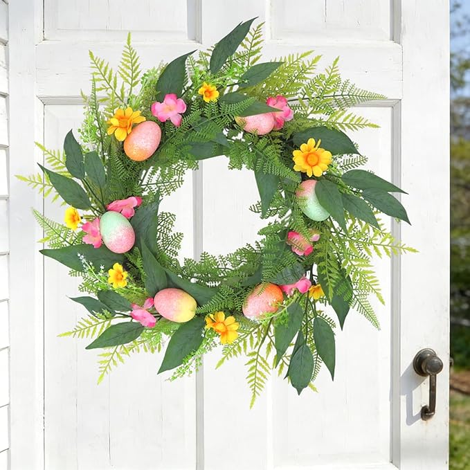 20 Inchs Spring Easter Wreath, Farmhouse Artificial Spring Wreath, Decor with Colorful Easter Eggs, Yellow and Pink Flowers & Green Eucalyptus Leaves, for Door Wall Window Fences