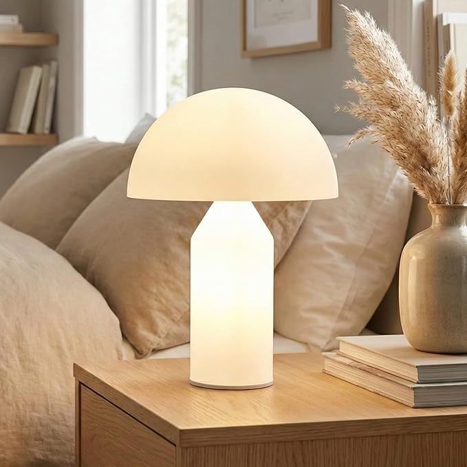 Brightech Venus Glass - 14" Contemporary Table Lamp with Glass Shade and Body - Unique Mushroom Table Lamp - Dimmable LED Light Bulbs for Bedroom Reading, Great Décor for Living Rooms, Offices