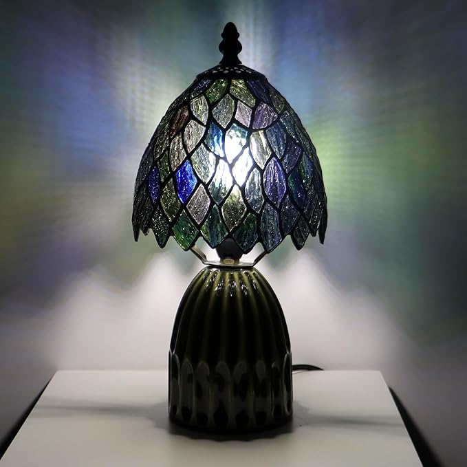 Tiffany Lamp Stained Glass Mushroom Table Lamps 6X6X12.5 Inch Multicolor Leafage Style Small Night Light Ceramic Base Mini Accent Desk Light Suitable for Bedside Table Bedroom Children Room