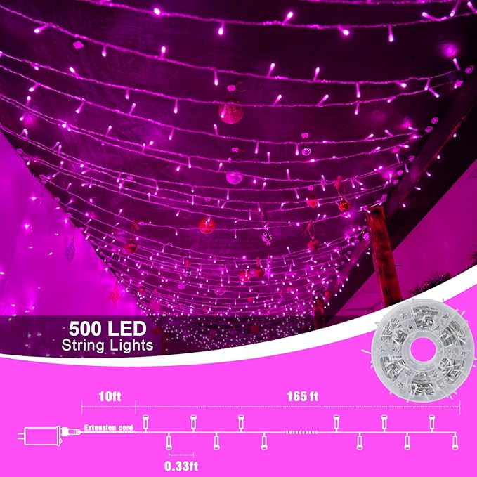 QITONG Pink Valentine Lights Outdoor, 165ft 500 LED String Lights Plug in, Clear Wire Twinkle Christmas Lights Indoor with 8 Modes