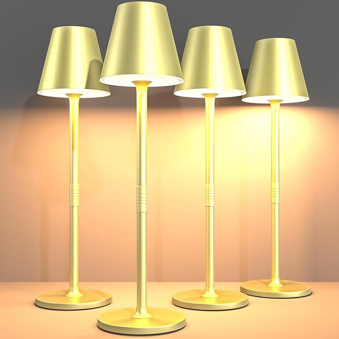 4-Pack Cordless Table Lamps - 5000mAh Rechargeable Battery Operated Desk Lamp, 3-Level Dimmable LED Night Light for Bedroom, Dining, Restaurant - Metal Design (Champagne Gold 4Pack)