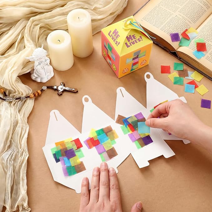 Simgoing 12 Sets Easter Crafts with LED Candles Lights Religious Easter He Lives Cross Tissue Paper Crafts Kits DIY Religious Hanging Ornaments for DIY Home Activities