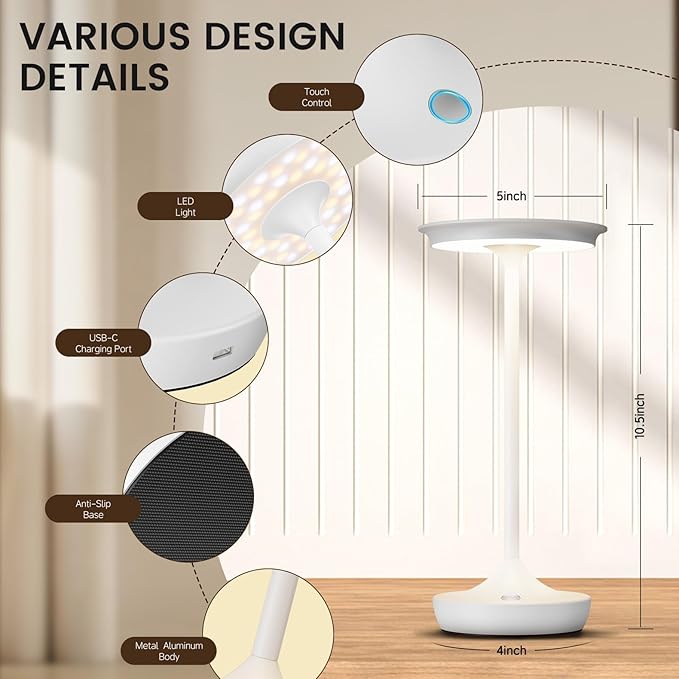 LED Cordless Table Lamp Rechargeable-Portable Battery Operated Lamps, 3 Color Touch Dimming Waterproof Light for Patio/Restaurant/Dining/Outdoor(White)