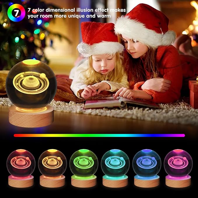 3D Crystal Ball Saturn Lamp,3.15inch Multi-Color Changing Bedroom Decor Night Light,Christmas Birthday Gifts for Boys, Girls