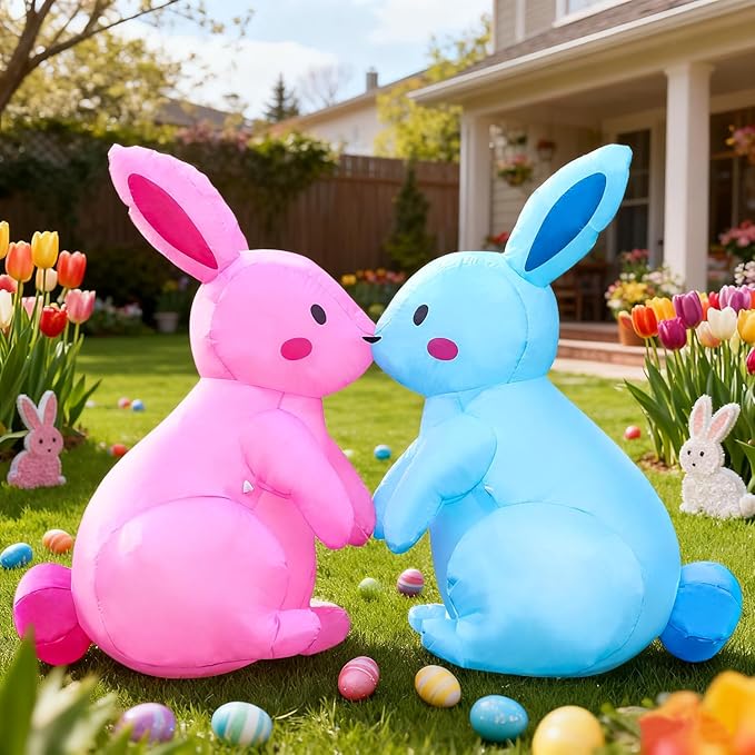 Domkom 6FT Long Easter Inflatable Bunnies Outdoor Decorations, Build-in LED Lights Holiday Blow Up Yard Decoration, for Easter, Outdoor,Garden, Yard Lawn Décor