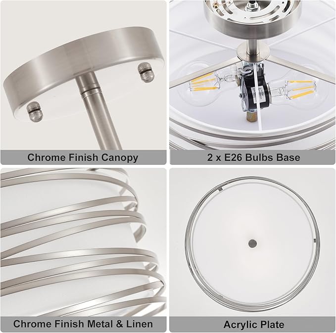 Drum Semi Flush Mount Ceiling Light Fixture Vintage 12.2" Modern Farmhouse 2-Lights Linen Drum Ceiling Lighting Rustic Chrome Ceiling lamp for Dining Room, Bedroom, Laundry Room