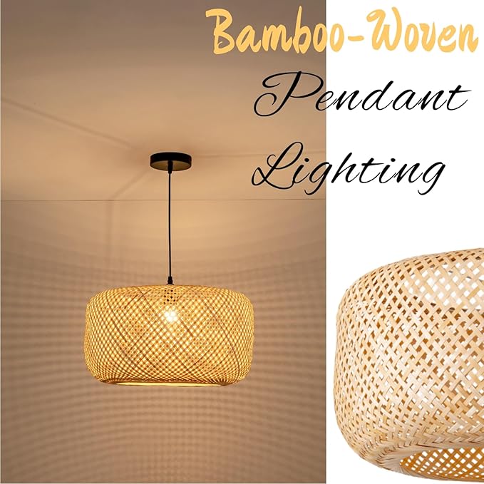 17.72in Bamboo Pendant Light Rattan Wicker Hand Woven Lighting Fixture Boho Coastal Beach Chandelier Hanging Basket Lights for Kitchen Island Dining Room Restaurant Hallway Foyer