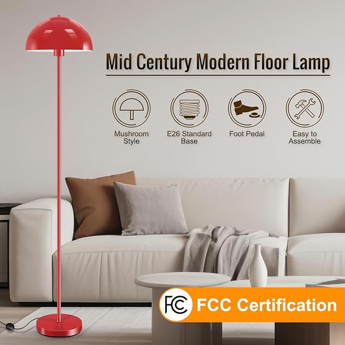 Modern Floor Lamps for Living Room, Red Metal Mushroom Lamp, 66" Tall Corner Lamp, Footswitch, Bright Industrial Standing Lamps for Bedroom Nursery, Mid Century Modern Home Decor(E26 Base, NO BULB)