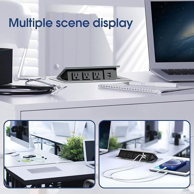 KYHSHJ Connection Box Desktop Pop Up Outlet with 2 USB Ports & 3 Outlets (Silver)
