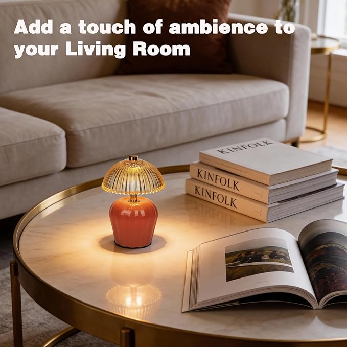 MJ PREMIER Small Cordless Lamp, Battery Operated Lamp with Timer, Mini Crystal Glass Mushroom Lampshade, Cute Small Table Lamps, Decorative Led Light for Bedroom Living Room Shelf (Orange)