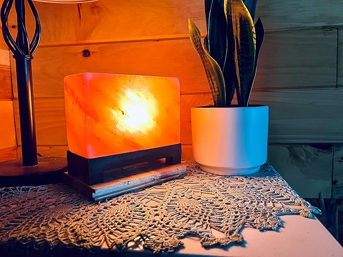 HL Himalayan Pink Salt Lamp 6.5 x 7.5 x 4 Inches – Natural Rectangular Crystal Rock Salt Lamp with Wooden Base, Dimmer Switch & 2 Bulbs – Soothing Amber Night Light for Home & Office