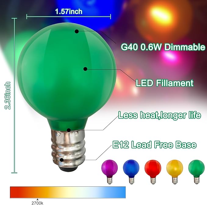 25 Pack Frosted Multicolor LED Christmas Light Bulbs,Shatterproof & Waterproof Plastic G40 Led Bulbs for Outdoor String Lights,E12 LED Color Light Bulbs for Outside Christmas Tree Holiday Decoration