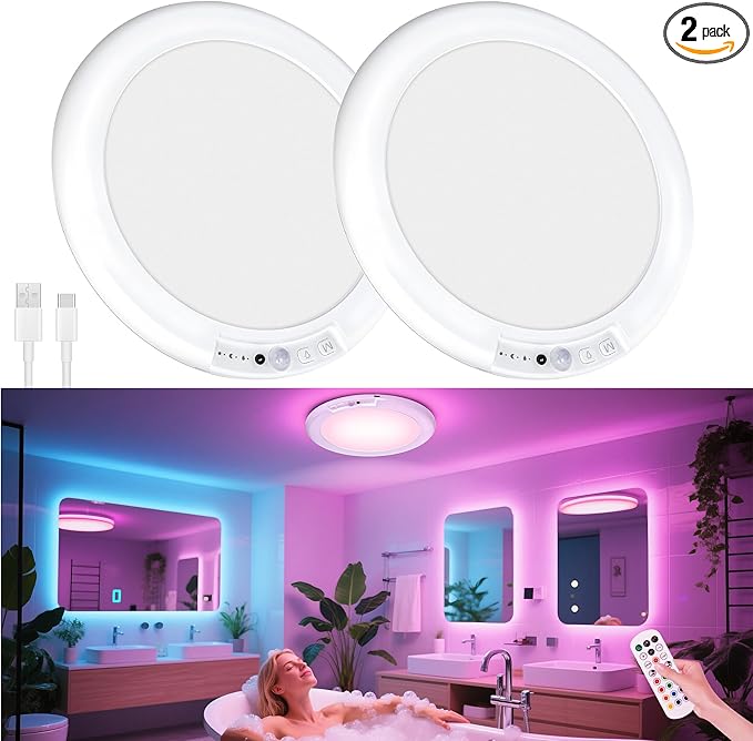maylit Shower Lights 2 Pack, RGBW Rechargeable Ceiling Light, Waterproof Battery Operated Lamp, Wireless Stick on Inside Motion Sensor Mood LED Lighting for Bathroom No Wiring, Indoor