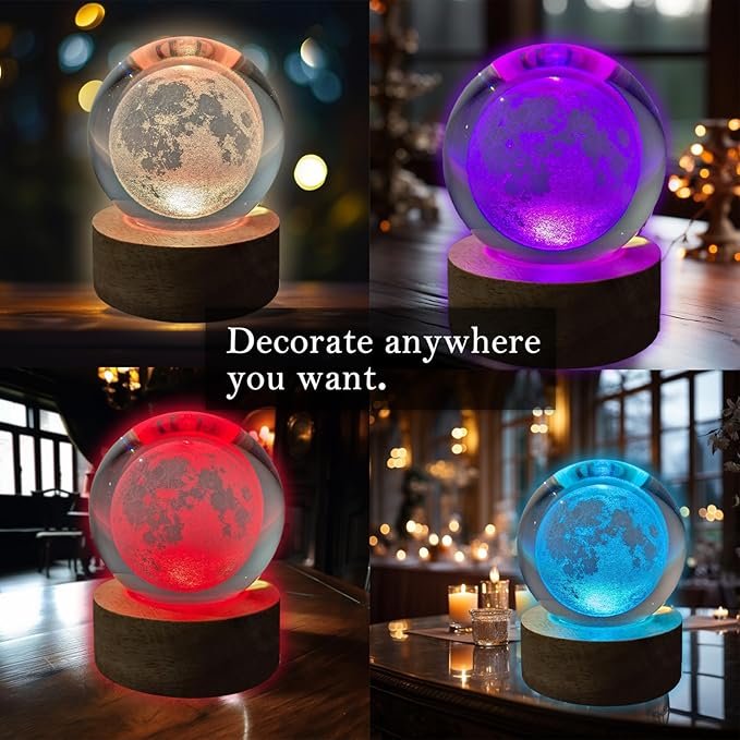3D Moon Crystal Ball Night Light & Planet Lamp - 2.36" Glass Sphere, Automatic Color Change with 16 Colors & 4 Modes - Ideal Decorative Gift for Boy Girls Friends (3-Moon, 2.36" (Inch))