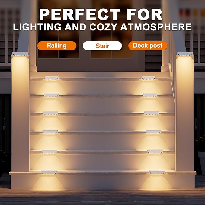 NIORSUN Solar Fence Lights Outdoor 16 Pack, IP65 Waterproof Large Size LED Solar Deck Lights with Lenses, Auto ON Off Warm White Step Lights for Outside, Patio, Fence, Yard and Railing Decor (White)