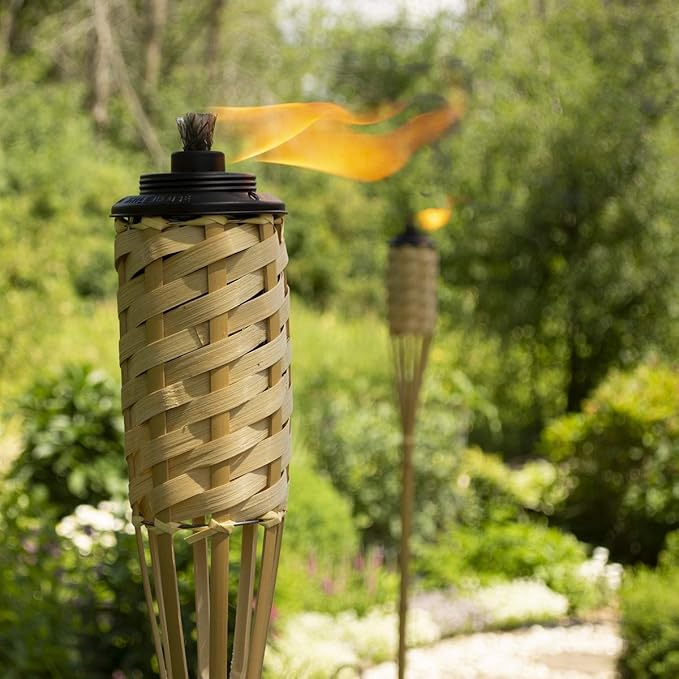 TIKI Bamboo Tiki Torches 12-Pack – Weather-Resistant Outdoor Décor with Easy-Pour Wide-Mouth Canister Refill for Patio, Garden, Backyard, and Parties, 57-Inch Citronella Torches