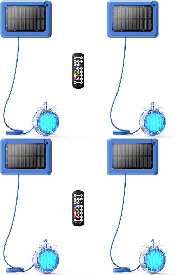 Solar Pool Lights,Underwater IP68 Pool Lights with Remote Control,1800mAh Solar Powered Panel with Brighten 48LM, Color Changing for Above Ground Pools/Inground Pools-4 Pack-Blue