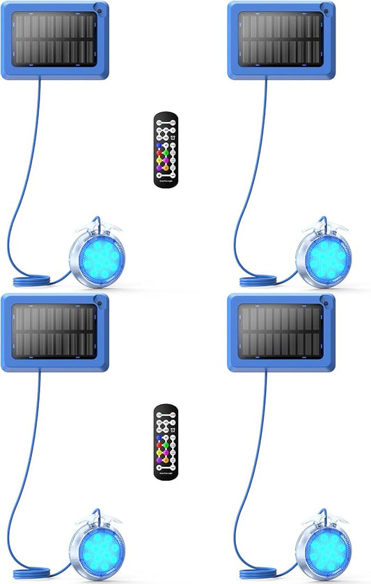 Solar Pool Lights,Underwater IP68 Pool Lights with Remote Control,1800mAh Solar Powered Panel with Brighten 48LM, Color Changing for Above Ground Pools/Inground Pools-4 Pack-Blue