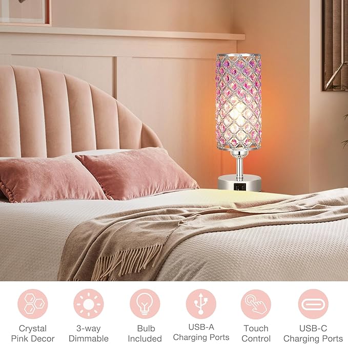 Hong-in Purple Lamp for Girls Room-Crystal Touch Lamp with USB-C+A Ports,3 Way Dimmable Bedside Light with Crystal Shade for Bedroom Home Office